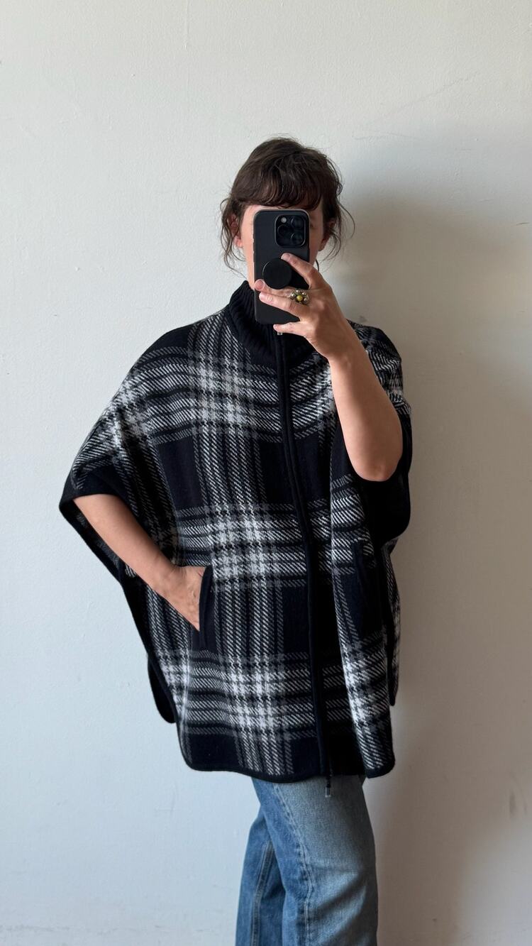 KINROSS Plaid Wool-Cashmere Zip-up Poncho